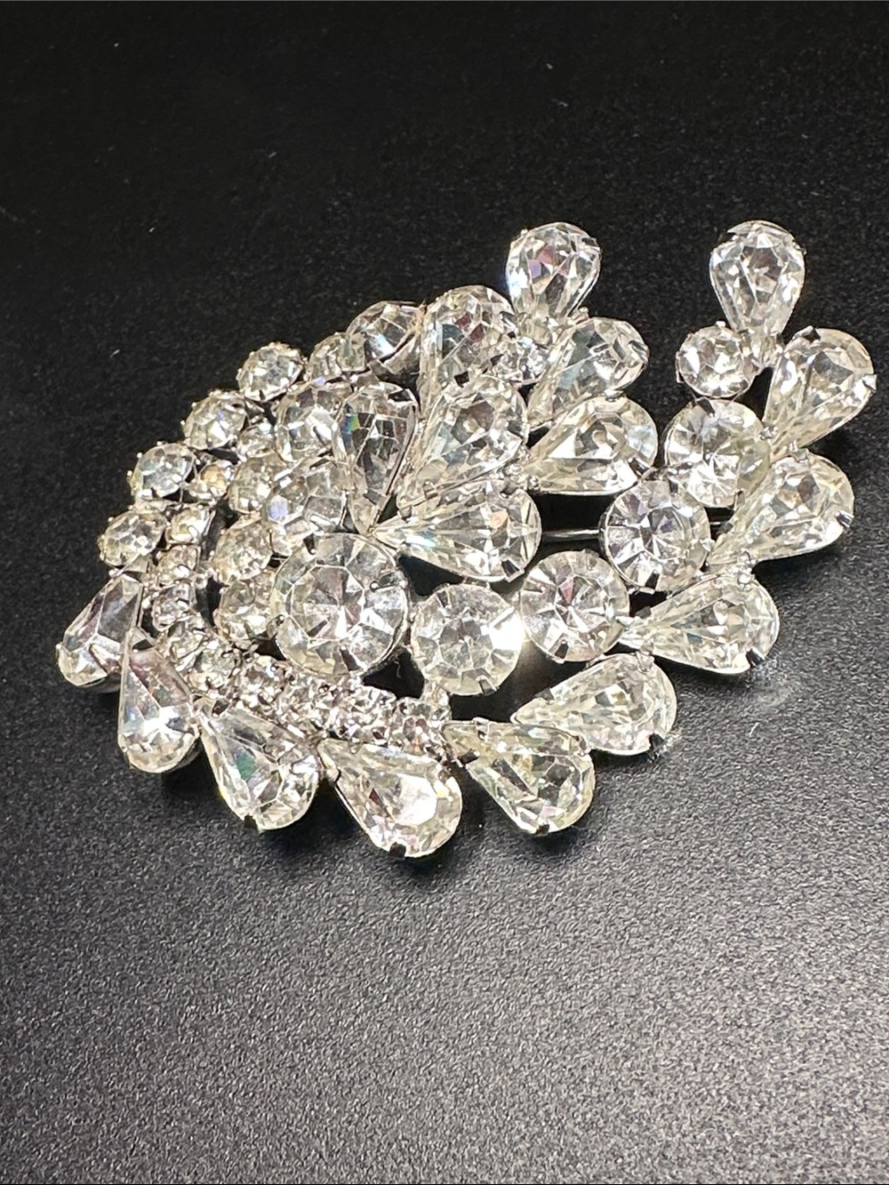 Large vintage rhinestone Teardrop shaped Cluster Brooch curved